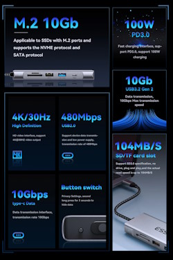 USB HUB Type-C HDMI+USB3.2 Gen2+USB2.0+100W+SD/TF+10Gbps M.2 NVME