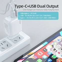 USB charger QC3.0 Quick Charge 1xUSB 1xType-C 20W white