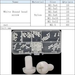 Набір пластикового кріплення М2.5 120шт. гвинт, гайка, молочний PA66