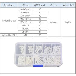 Набір пластикового кріплення М3 140шт. гвинт, гайка, молочний PA66