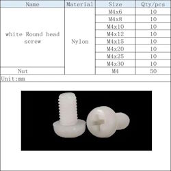 Set of plastic fasteners M4 130pcs. screw, nut, milky PA66