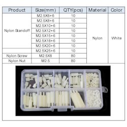 Set of plastic fasteners M2.5 240pcs. stand, screw, nut milky PA66