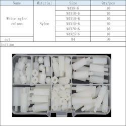 Set of plastic fasteners M4 110pcs. stand, screw, nut milky PA66